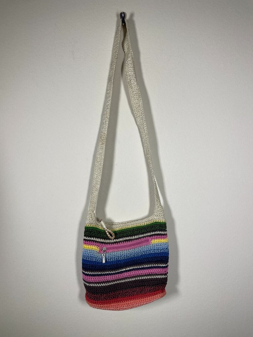 The Sak Multicolor Striped Crochet Woven Shoulder Crossbody Bag Purse 9" x 9"!